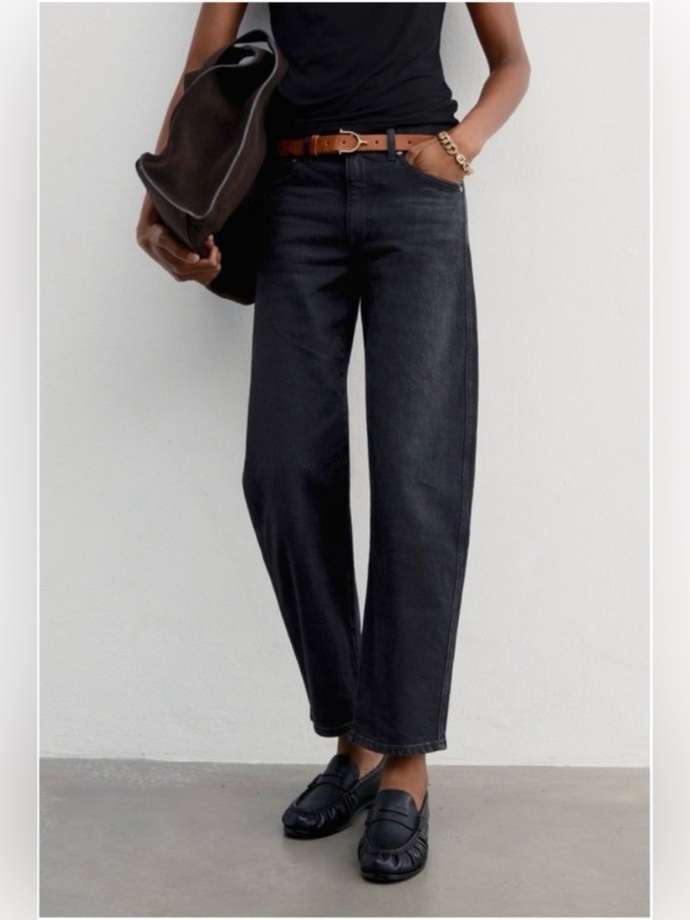 AYR The Knockout Barrel Leg Jeans Film Noir Black Cropped Denim Size 24